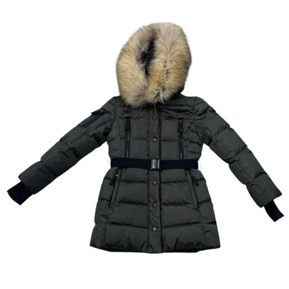 SAM.***Long Olive Green Belt Puffer Jacket Hooded w/Fur Trim***Size 10 $495 EUC - Picture 2 of 9